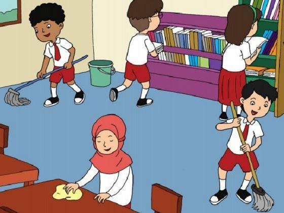 Gambar guru sedang membagi tugas piket kepada siswa dengan adil