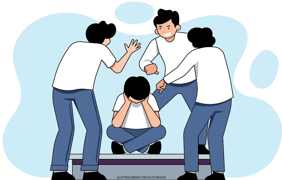 Ilustrasi gambar perbedaan perundungan fisik, verbal, dan sosial
